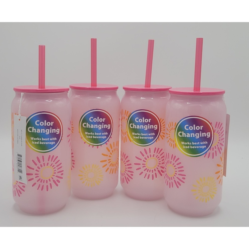 20oz Color Changing Tumbler NEW Set Of 4 Lid Straw Pink Yellow Orange Sunburst
